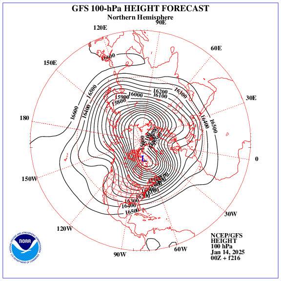 GFS a 100 hPa 14 Gennaio 2025