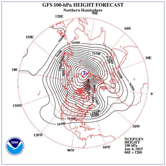 GFS a 100 hPa del 4 Gennaio 2025