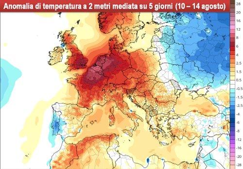 Anomalia temperature a 2m tra il 10 e il 14 Agosto 2020
