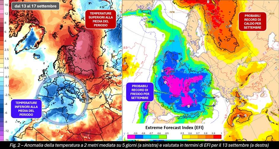 Anomalia temperatture (media 5 giorni) ed EFI 13 settembre 2024