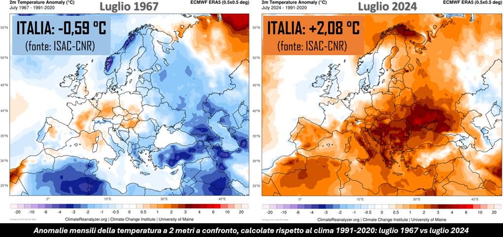 Anomalie delle temperature luglio 1967 contro luglio 2024