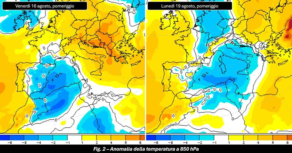 Anomalia della temperatura a 850 hPa 16-19 agosto 2024