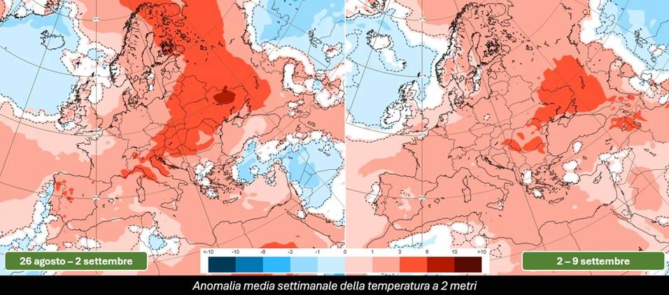 Anomalia delle temperature attese fino al 9 settembre 2024