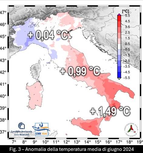 Anomalie della temperatura in italia a giugno 2024