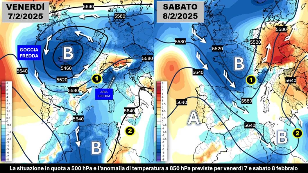 Mappe meteo attese per il 7 e 8 febbraio 2025