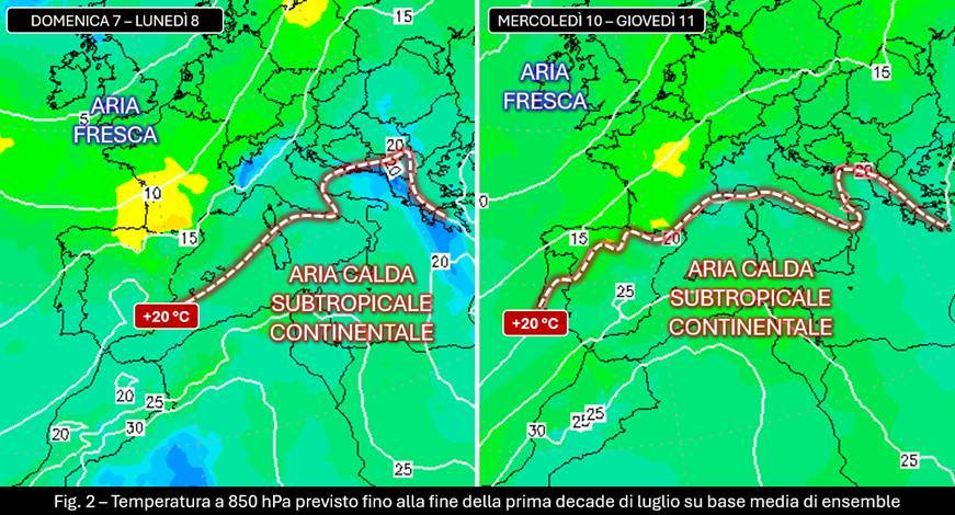 Mappe temperatura verso fine decade di luglio 2024