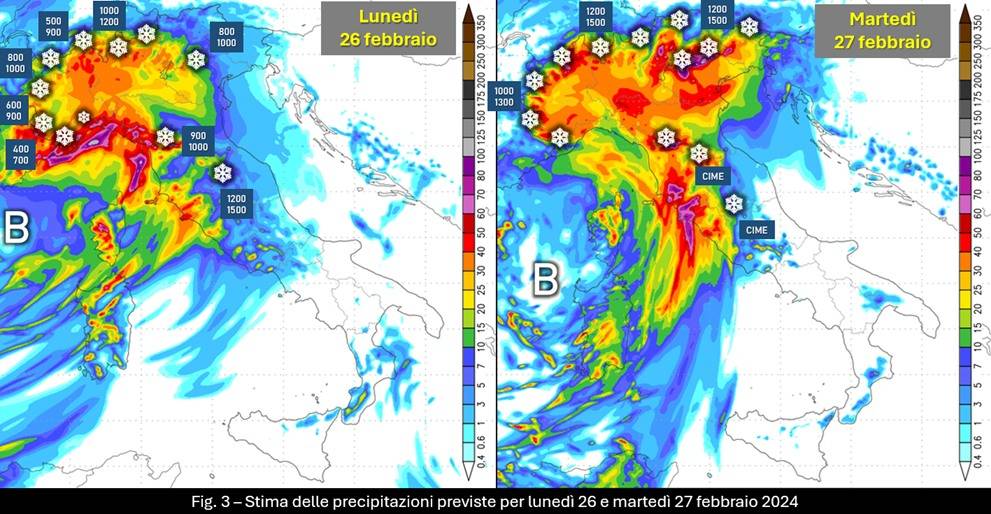 Stima delle precipitazioni 26-27 febbraio 2024