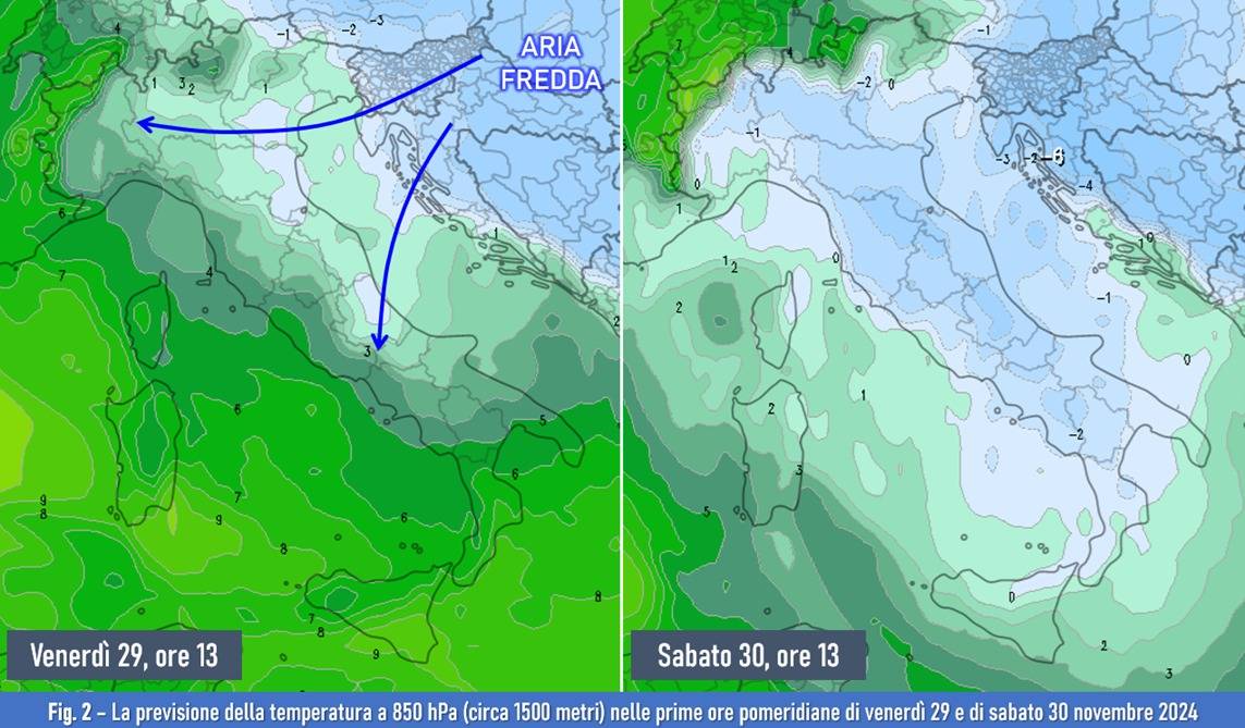 Temperature a 850hPa attese per il 29-30 novembre 2024