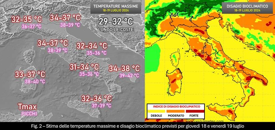 Temperature massime e indice di disagio previsti per il 18-19 luglio 2024