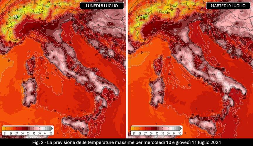 Temperature massime attese tra il 10 e l'11 luglio 2024