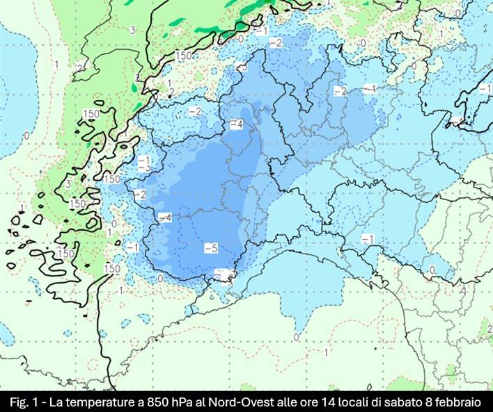 Temperature a 850hPa al Nord-Ovest l'8 febbraio 2025