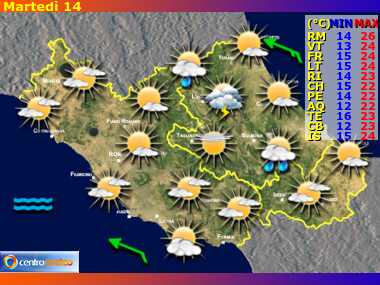 Previsioni del Tempo regione Lazio, Abruzzo e Molise, giorno 2