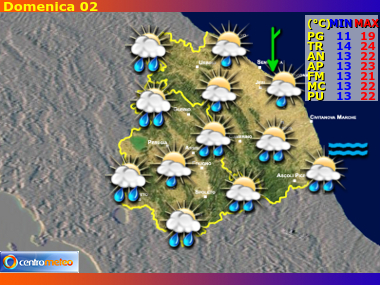 Previsioni del Tempo regione Umbria e Marche, giorno 1